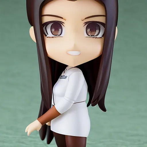 Image similar to nendoroid of a white girl with long dark brown hair shaved on the sides, brown eyes and thick eyebrows