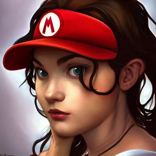 Image similar to character concept, portrait, symmetrical head - on centralized, mario. detailed, high quality, dynamic lightning, fantasy, scenematic. artwork by artgerm, wlop, alex ross, greg rutknowski, alphonse mucha