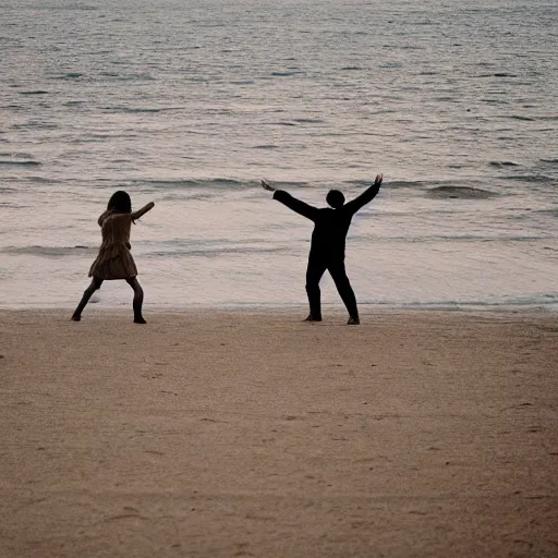 Prompt: zoom in photo of a man and woman, both wearing light brown trenchcoats, dancing together on a beach during cloudy weather, it ’ s night time