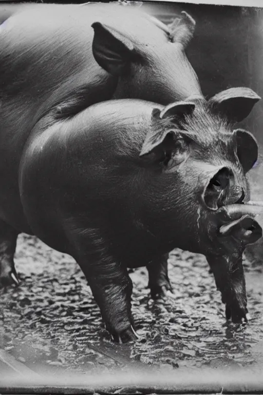 Image similar to a wet plate photo of huge dark pig in a parade