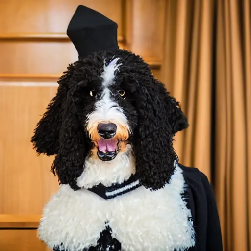 Image similar to a closeup photorealistic photograph of a cute smiling knitted bernedoodle judge dog dressed in a black gown, presiding over the courthouse. indoors, professional capture, well lit shot. this 4 k hd image is trending on artstation, featured on behance, well - rendered, extra crisp, features intricate detail, epic composition and the style of unreal engine.