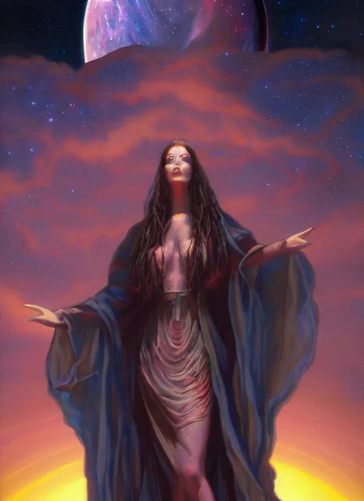 Prompt: biblical beautiful female druid android, bright glowing veins, in clouds, in front of a black hole, sunset, supernova, by gerald brom, by peter elson, muted colors, extreme detail, reflections, trending on artstation, 8 k