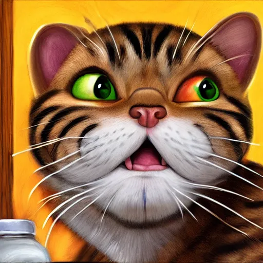 Image similar to Garfield the cat creepily raiding the fridge for lasagna at nine in the morning hyper realistic ultra realistic rtx trending on art station