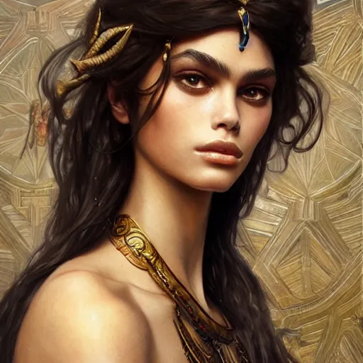 Image similar to Kaia Gerber as Cleopatra, intricate, elegant, highly detailed, digital painting, artstation, concept art, smooth, sharp focus, illustration, art by artgerm and greg rutkowski and alphonse mucha