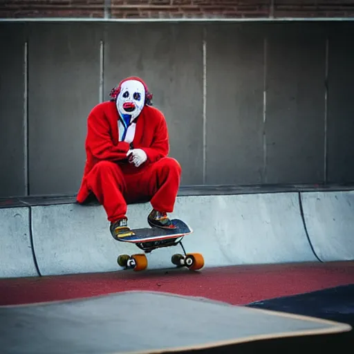 Prompt: a clown smoking a cigarette while skateboarding at a skate park, award winning photography, detailed eyes, sports photography,