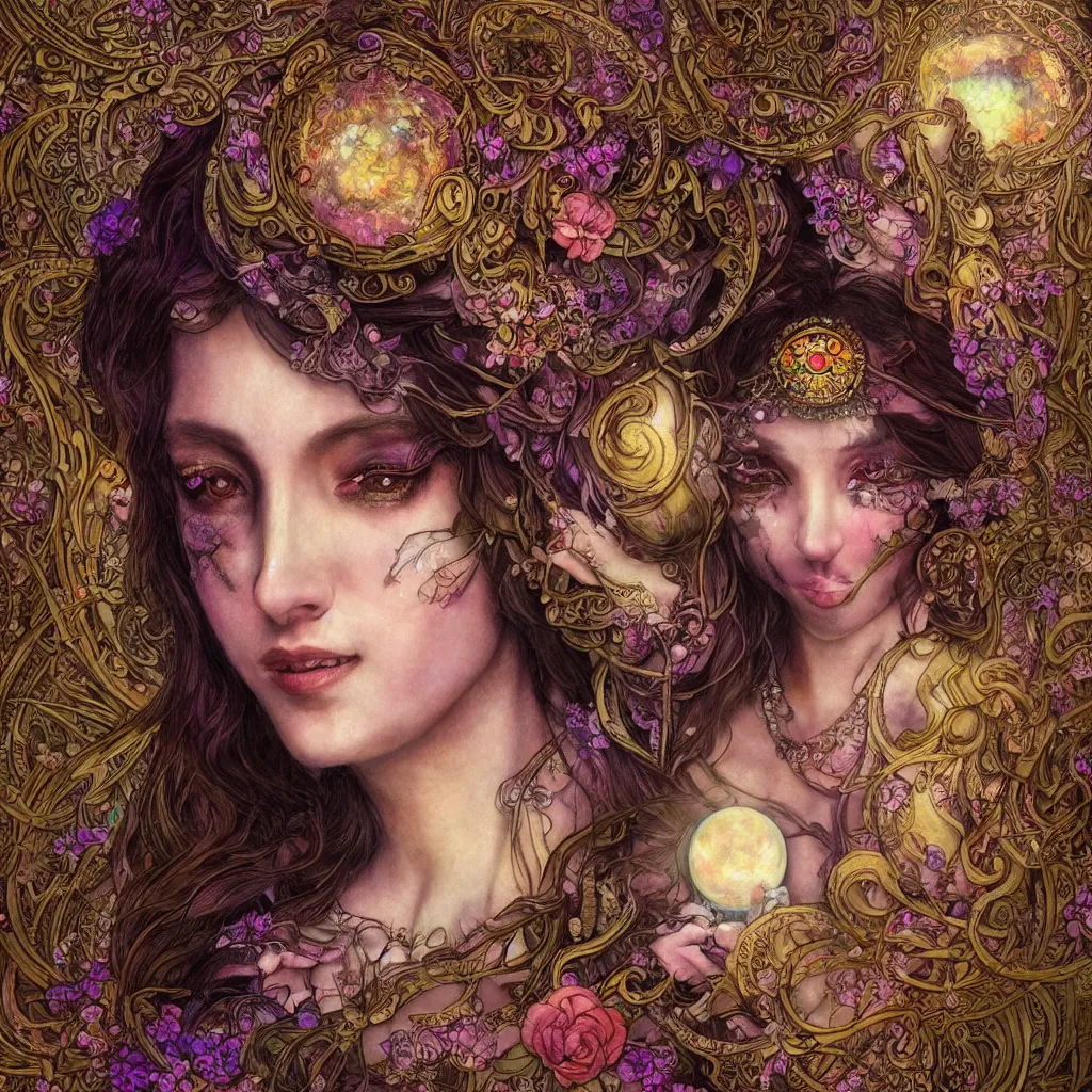 Prompt: full view portrait of an ethereal gypsy woman with detailed big eyes and a glowing face, moon, crystal ball, flowers, photorealistic, colorful dress, in the style of in the style of ruan jia and karol bak, holographic undertones, art nouveau stained glass forest background, intricate, smooth, sharp focus, dramatic lighting, illustration, hdr, artstation