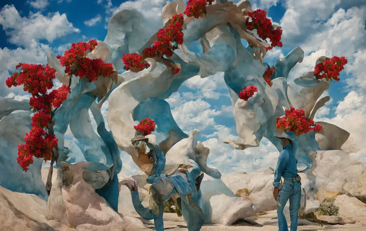 Image similar to a cowboy turning into blooms by slim aarons, by zhang kechun, by lynda benglis. tropical sea slugs, angular sharp tractor tires. complementary bold colors. warm soft volumetric dramatic light. national geographic. 8 k, rendered in octane. angular sculpture by antonio canova by gian lorenzo bernini.