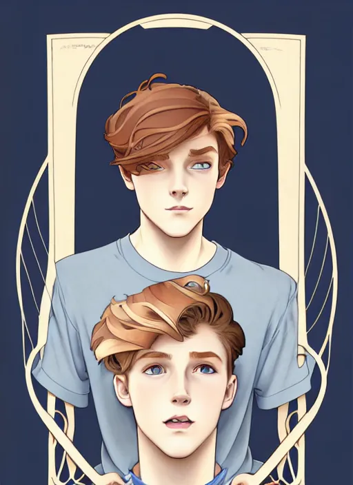 Image similar to art nouveau portrait of a teen boy with completely straight auburn hair, light blue eyes, pale skin, freckles, sad expression, t - shirt, modern casual clothing, natural lighting, path traced, highly detailed, high quality, cartoon, digital painting, by don bluth and ross tran and studio ghibli and alphonse mucha