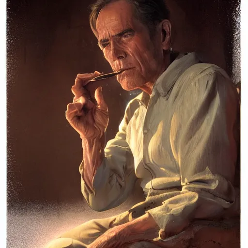 Prompt: a highly detailed epic cinematic concept art CG render digital painting artwork costume design: Henry Fonda as a 1950s tired disillusioned poet, barefoot, smoking a cigarette. volumetric lighting. By Greg Rutkowski, in the style of Francis Bacon and Syd Mead and Norman Rockwell and Beksinski, open ceiling, highly detailed, painted by Francis Bacon and Edward Hopper, painted by James Gilleard, surrealism, airbrush, Ilya Kuvshinov, WLOP, Stanley Artgerm, very coherent, triadic color scheme, realistic facial expression, art by Takato Yamamoto and James Jean