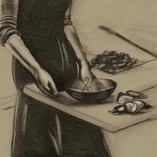 Image similar to charcoal action - drawing of a woman cooking, chopping vegetables, dramatic