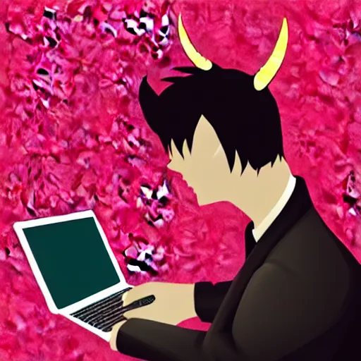 Image similar to a demon programmer gentleman ~ using a laptop ~ lava background ~ digital art ~ two horns ~