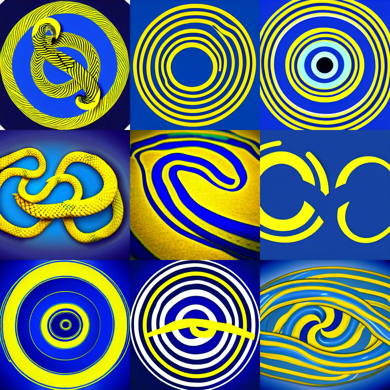 Prompt: blue and yellow intwined pythons, modern logo, app, concentric