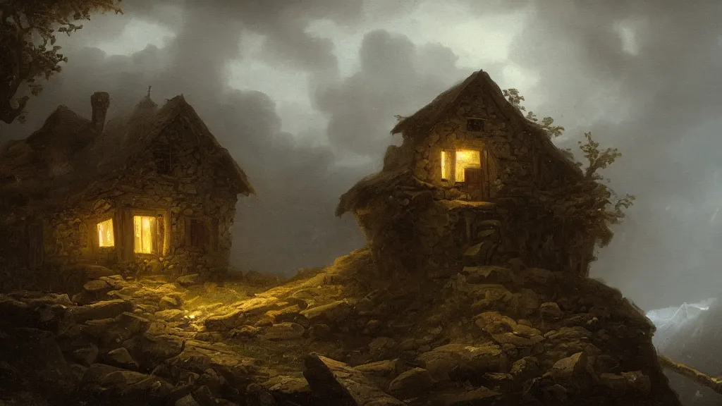 Image similar to A singular rotting cottage on a mountaintop at night, horror painting, by Hubert Robert, hyperrealistic, Blender 8k UHD