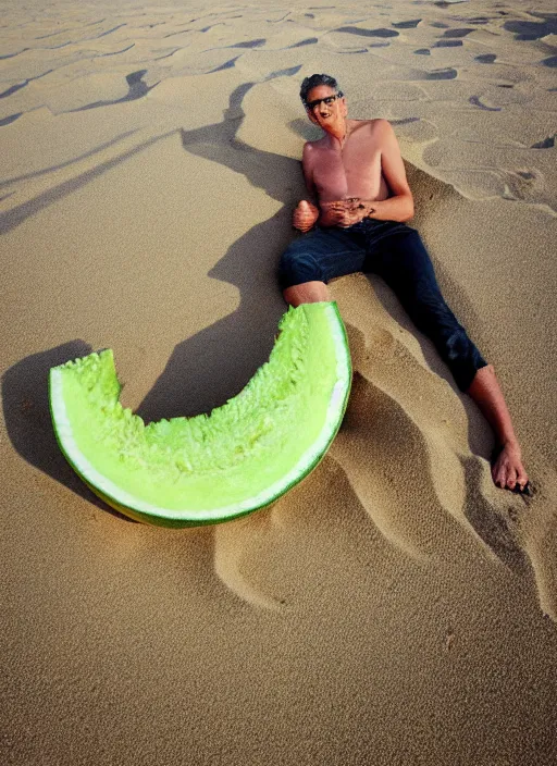 Image similar to jeff goldblum as a melon on the sand of a beach