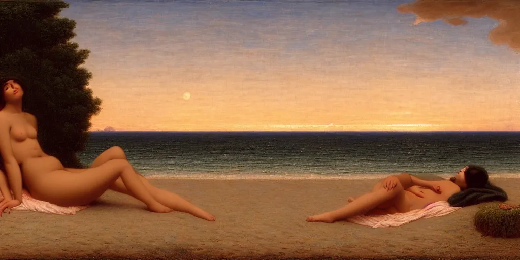 Image similar to a lonely woman sunbathing on the beach at dusk time ， 4 k resolution, by john william godward