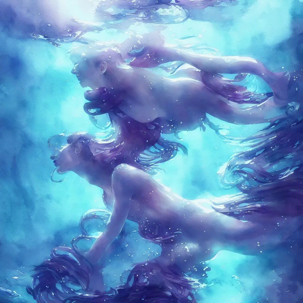 Image similar to beautiful watercolor painting of prince underwater, intricate, elegant, highly detailed, digital painting, artstation, concept art, smooth, sharp focus,, dynamic lighting, ultrarealistic, cinematic, octane render, 8 k