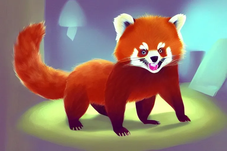 Image similar to cute cartoon drawing of a red panda waking up from bed yawning and stretching, character art, painting, trending on artstation