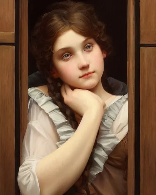 Image similar to a girl watching through a window, oil on canvas, artstation, by j. c. leyendecker and edmund blair leighton and charlie bowater, beautiful face, octane, very aesthetic!!!!!!!!!!!!!!!