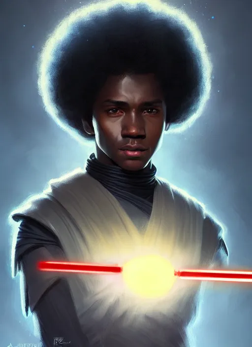 Prompt: photographic portrait of an handsome young black jedi with an afro, divine lighting, elegant, highly detailed, digital painting, artstation, concept art, sharp focus, star wars, illustration, art by artgerm and greg rutkowski