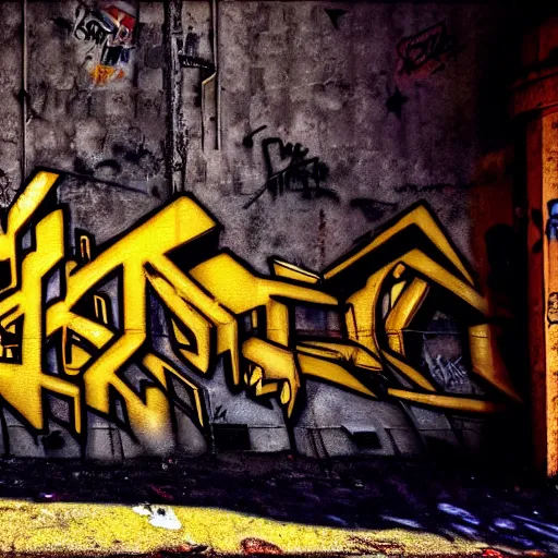 Image similar to graffiti on a wall in a run down building, happy mood, cyberpunk, high detail, golden light, realistic