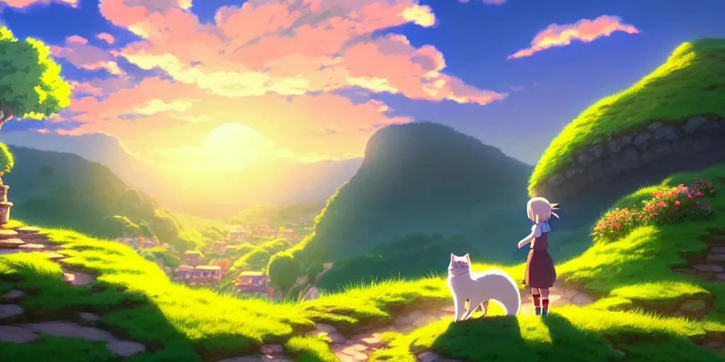 Prompt: the girl and the cat. beautiful sunrise. small village in the mountains. rocky roads, beautifull puffy clouds. anime, studio ghibli. intricate, elegant, super highly detailed, professional digital painting, artstation, concept art, smooth, Unreal Engine 5, 8k resolution, cinema 4d, 3D, beautiful, cinematic