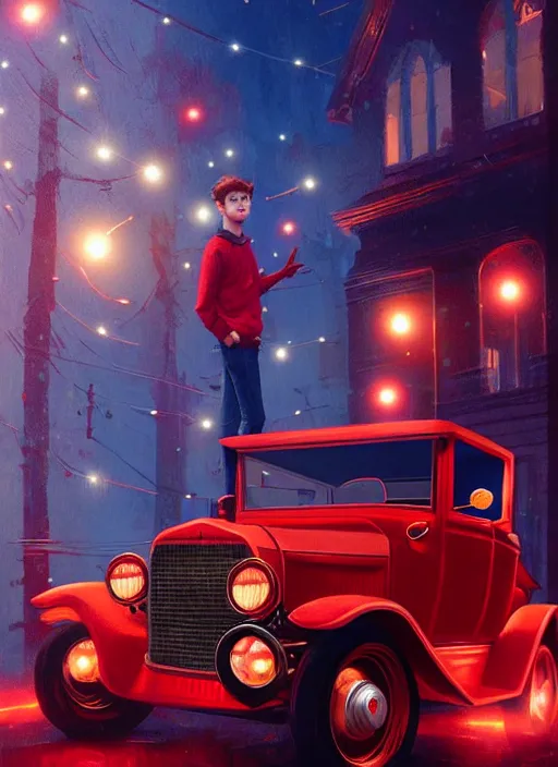 Image similar to teenage archie andrews, in a red ford model t, intricate, elegant, glowing lights, highly detailed, digital painting, artstation, sharp focus, illustration, art by wlop, mars ravelo and greg rutkowski