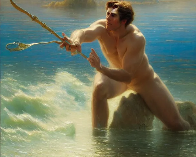 Image similar to attractive male wizard casting powerful wave water spell in a beautiful lake. highly detailed painting by gaston bussiere, craig mullins, j. c. leyendecker 8 k