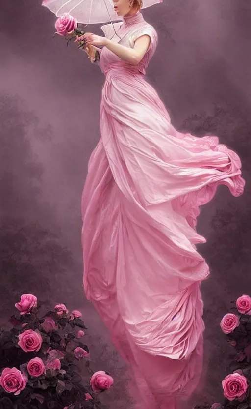 Image similar to !!beautiful!! woman dressed in a vaporous wrapped large victorian pink roses silk semi-transparent dress fashion is running, fantasy, intricate, elegant, highly detailed, digital painting, trending on artstation, concept art, matte, sharp focus, illustration, art by Artgerm and Greg Rutkowski and Alphonse Mucha