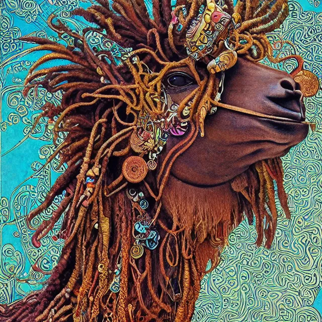 Image similar to llama with dreadlocks, detailed, by ernst haeckel, james jean, el anatsui, mandy jurgens, alphonse mucha, maxfield parrish