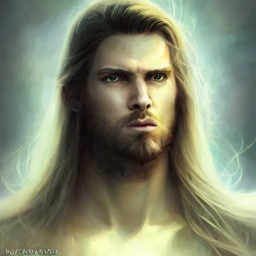 Image similar to portrait, handsome long - haired male fantasy paladin, blond, rpg game, stern expression, main character, highly detailed, digital painting, artstation, concept art, smooth, sharp focus, illustration, artgerm, tomasz alen kopera, peter mohrbacher, donato giancola, joseph christian leyendecker, wlop, frank frazetta