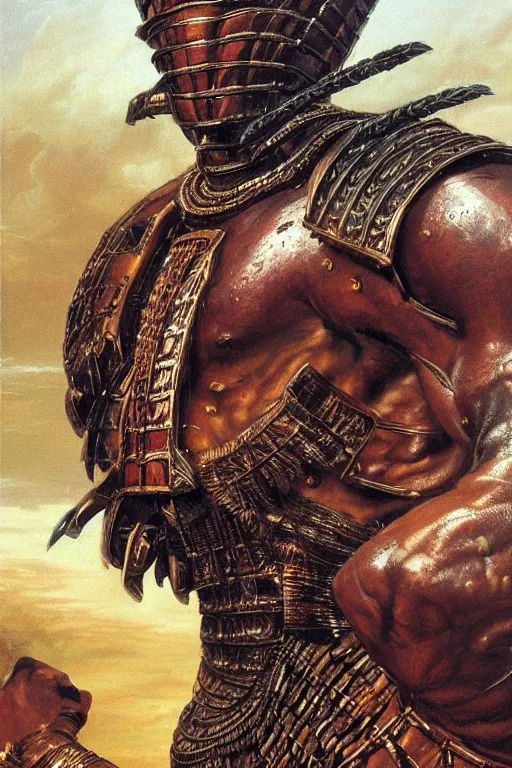 Prompt: a powerful and muscular make african warrior , half body portrait, ornate armour, realistic oil painting by Thomas Cole and Wayne Barlowe