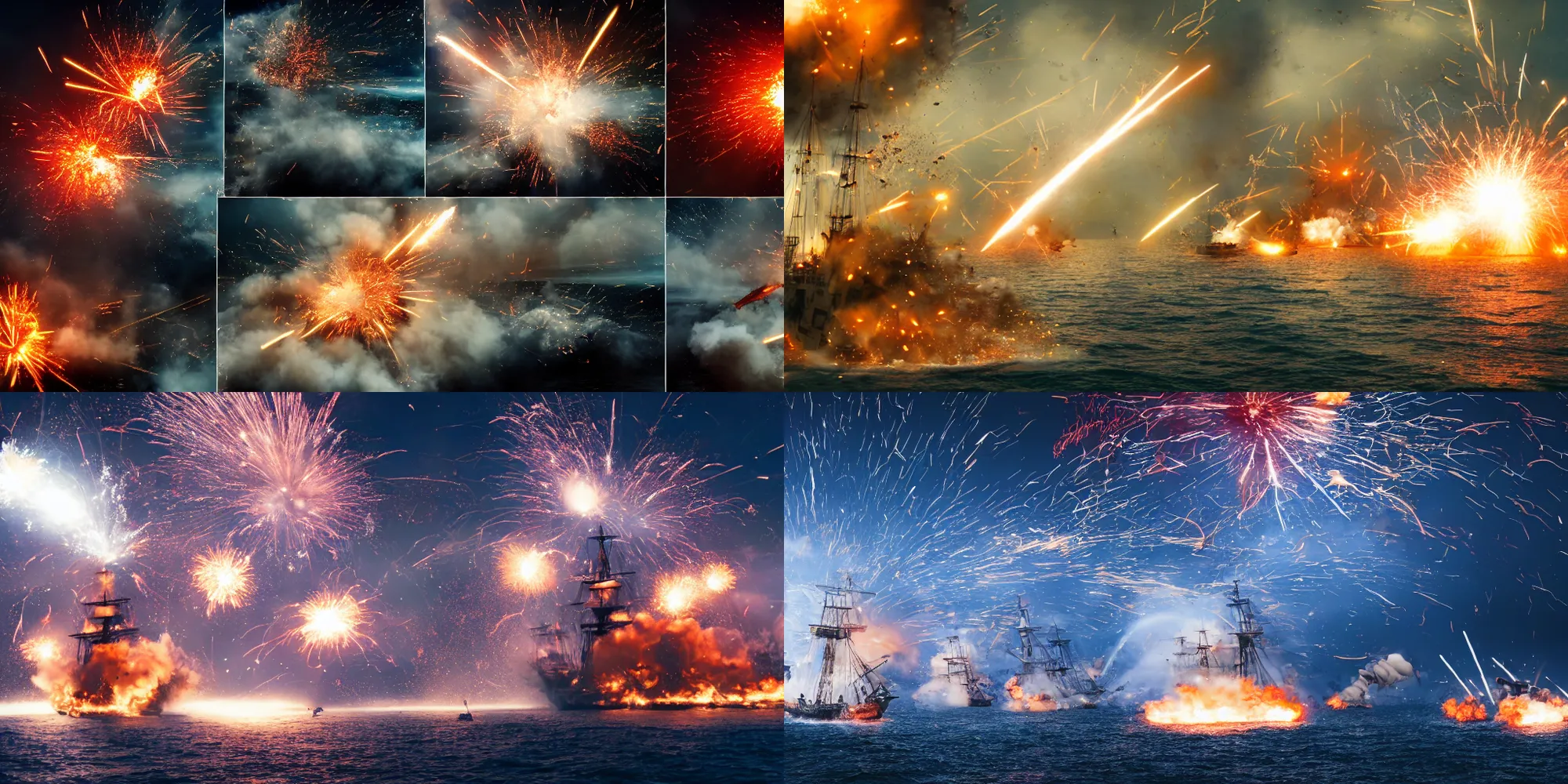 Prompt: action photography of a naval battle between pirate ships with explosions and cannon fire, fast shutter speed, high speed, VFX particle simulation, action photo, 1/1000 sec shutter