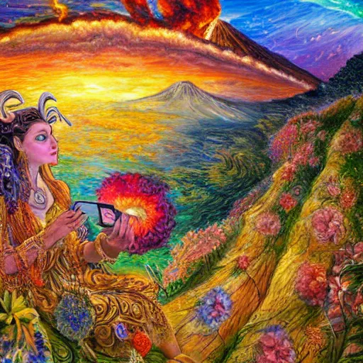 Image similar to painting by josephine wall, horned ram goddess, checking her cell phone, erupting volcano in distance, sunset, flowers in foreground, zodiac, fantasy acrylic on canvas, intricately detailed, highly detailed, high resolution, hdr, 8 k, by senior concept artist, trending on artstation