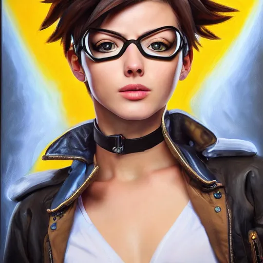 Image similar to oil painting of tracer overwatch in a field, in style of mark arian, expressive face, very detailed face, wearing black leather choker, very detailed eyes, full body, feminine face, detailed makeup on eyes,