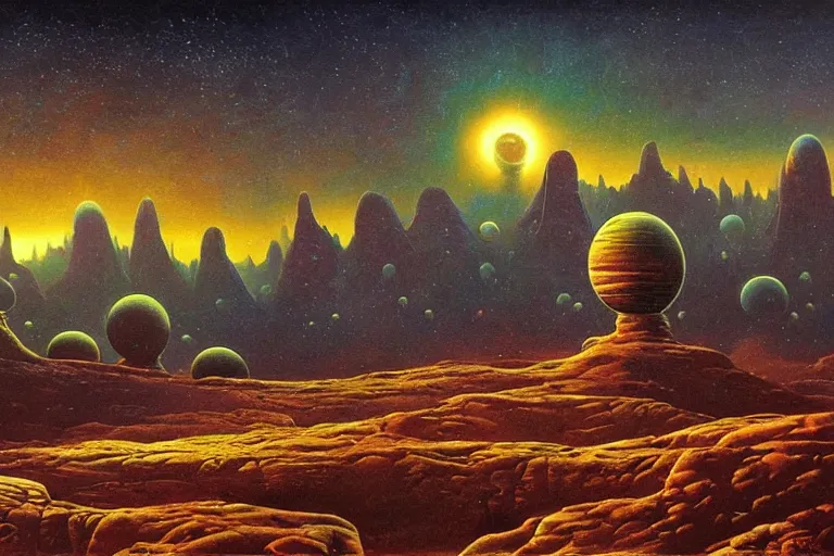 Prompt: strange fertile alien landscape, oil painting by david a. hardy, surreal, vivid colors