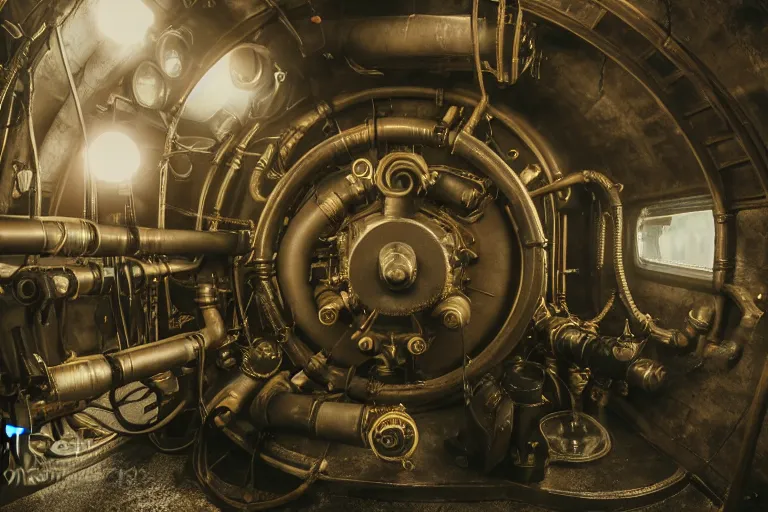 Prompt: photograph of a dieselpunk submarine interior set design, pre - ww 1 submarine, brass wheels, pipes, tubes and gauges, complementar colors, cinematic, haze, arri alexa, anamorphic bokeh, 4 k, graded with davinci resolve