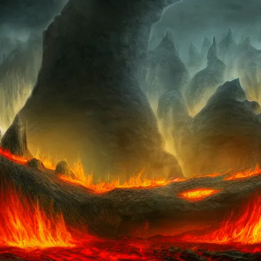 Prompt: wide landscape in hell, river styx, lava, ruins, fortresses, dark, hellscape, digital art