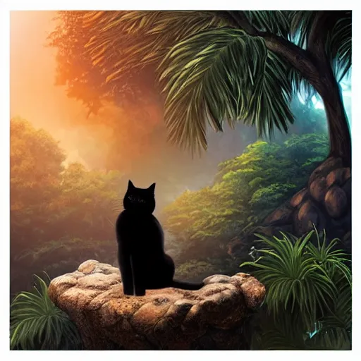 Prompt: a black cat seated on a rock in a jungle!, mist, tropical trees, vines, birds, sunset!, fluffy clouds, warm colors, beautiful lighting, digital art, intricate details, trending on artstation