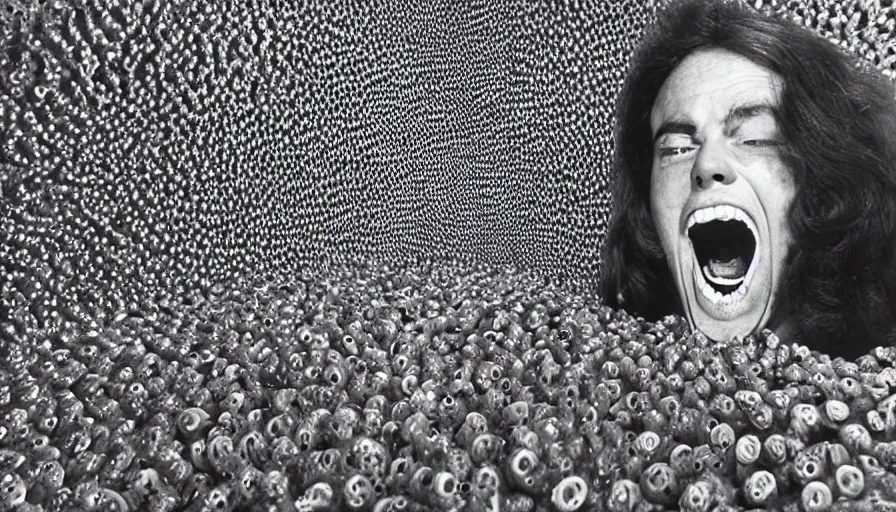 Prompt: 70s movie still of a man yelling with trypophobia teeth, eastmancolor, heavy grain, high quality, higly detailed, liminal space