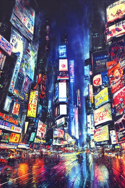 Image similar to neo tokyo time square in a rainy night, landscape, alex ross, neal Adams, david finch, concept art, matte painting, highly detailed, rule of thirds, dynamic lighting, cinematic, detailed, denoised, centerd