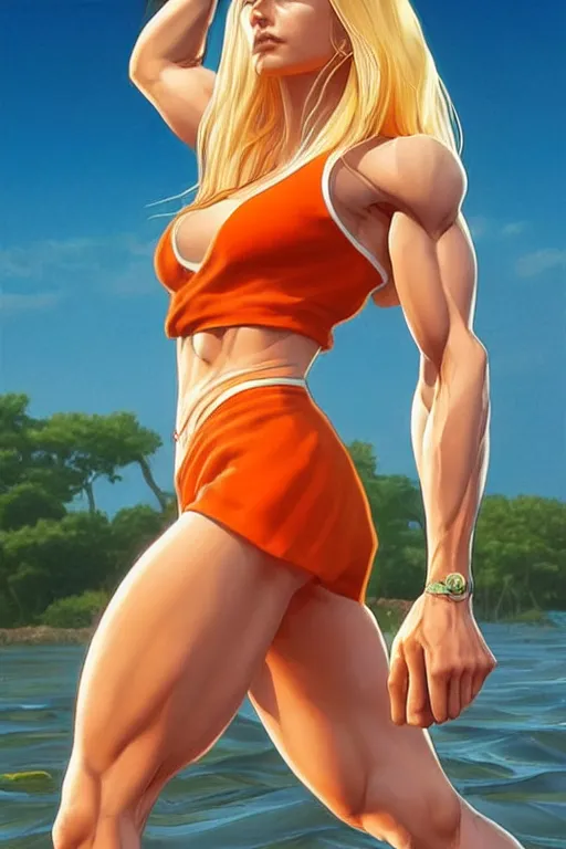 Image similar to a gorgeous muscular woman with very long hip-length blonde hair, wearing a cut-off white top and orange cut-off shorts standing by the water, in the style of artgerm and moebius and annie liebovitz, marvel comics, photorealistic, highly detailed, trending on artstation