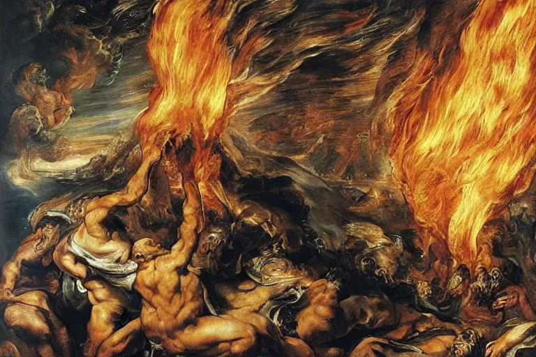 Image similar to majestic painting of a giant kebab monster terrorising a city in flames by Rubens, by Michelangelo, horror movie poster grain, ultra realistic, most definition, much appreciated