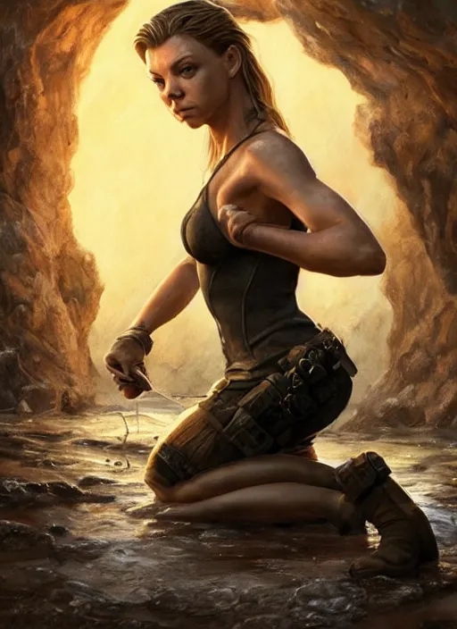 Image similar to Natalie Dormer as Lara Croft as a ruggedly handsome heroine kneeling next to a glowing artifact lodged in shallow water, intricate, elegant, highly detailed, artstation, concept art, smooth, sharp focus, illustration, bokeh art by artgerm and donato giancola and Joseph Christian Leyendecker, WLOP, fireflies