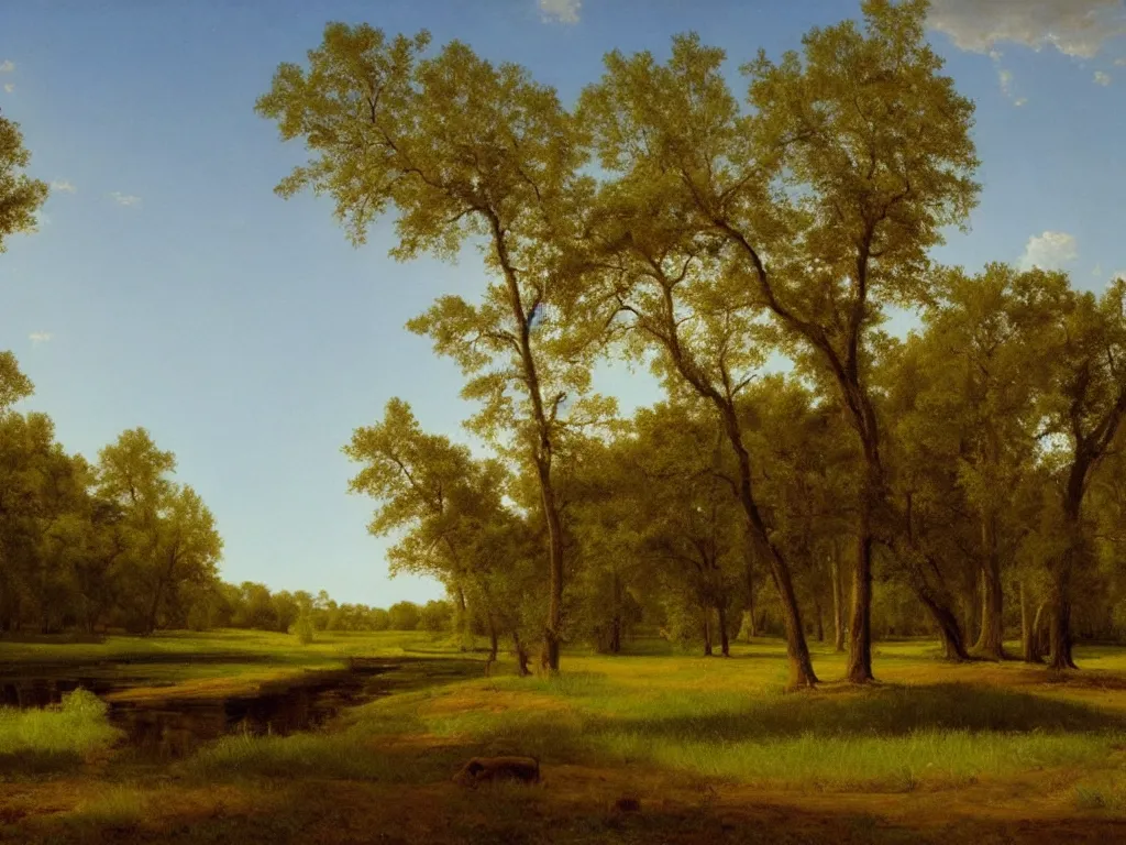 Image similar to a beautiful mississippi landscape, springtime morning, by george caleb bingham \, oil on canvas, luminism, hyperrealism