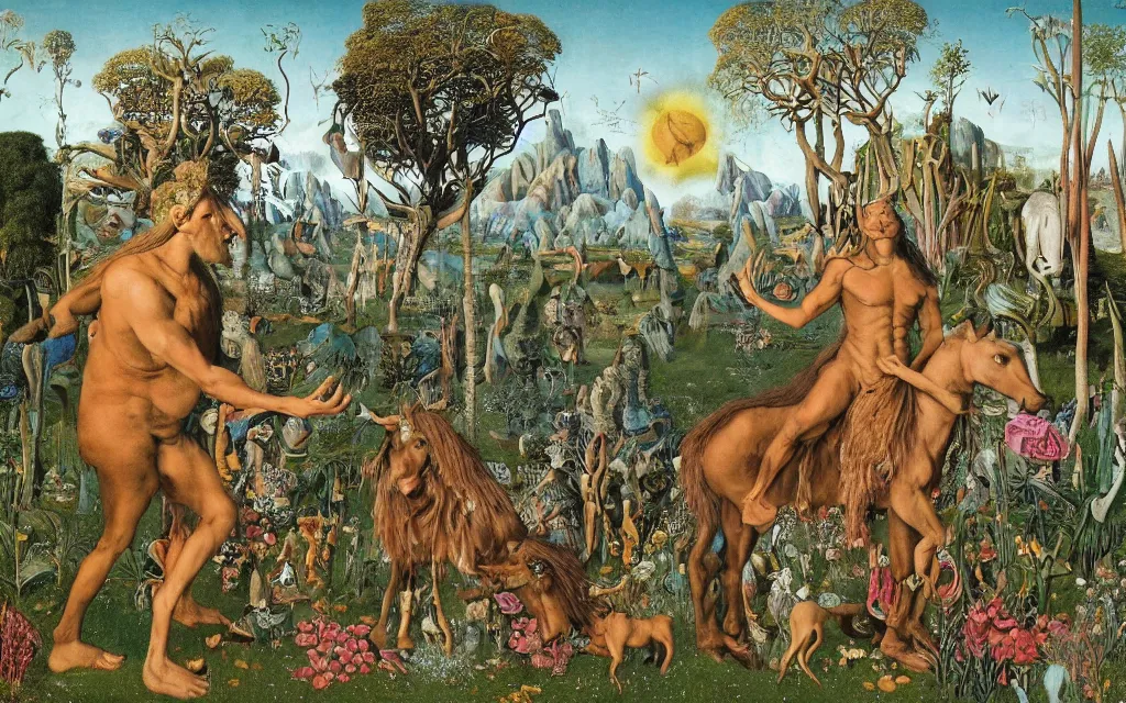 Prompt: photograph of a meditating centaur shaman and a striped werewolf feeding animals. surrounded by bulbous flowers, animals and a few trees. river delta with rock cliffs under a blue sky full of burning stars. painted by jan van eyck, max ernst, ernst haeckel, ernst fuchs and artgerm. trending on artstation, trending on cgsociety