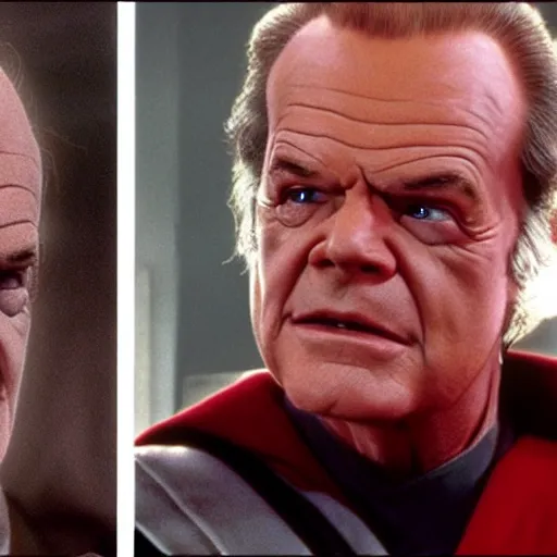 Image similar to jack Nicholson as senator Palpatine, cinematic still