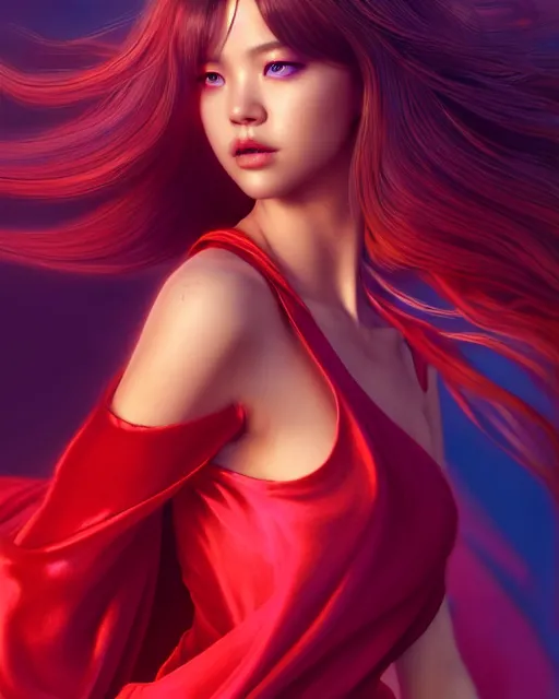 Prompt: beautiful digital painting of lalisa in colorful flowing red silk with high detail, ( cyberpunk 2 0 7 7, mass effect, bladerunner 2 0 4 9 ), environment, 8 k, key art, stunning detail, photo by artgerm, greg rutkowski and alphonse mucha, unreal engine 5, 4 k uhd