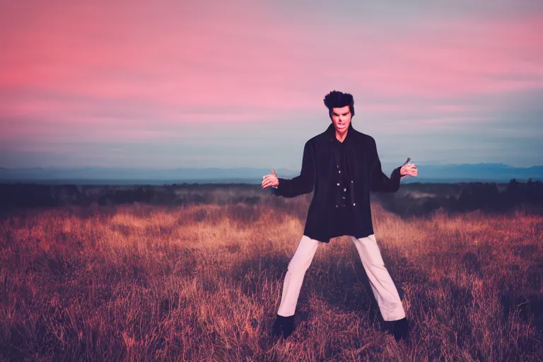 Prompt: 5 0 mm dslr photograph of a moody elvis presley at sunset, ethereal dancing in the center, photography, panoramic view, hyperdetailed, lightroom preset, photorealistic, unsplash