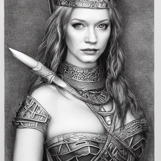 Prompt: hyper realistic pencil drawing of Christina Hendricks as a viking princess, intricate detail, beautiful, battle armor, war, fight, light, dragon, bright color palette