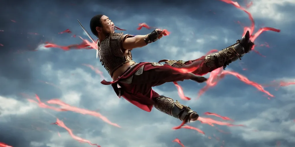 Image similar to a film still of a light skinned black man starring as an ancient samurai flying doing a flying kick, japanese blockbuster film, the sky is red, shallow depth of field, cinematic, award winning cgi, vfx, film still